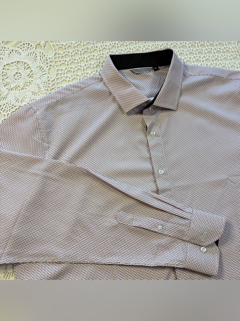 Men's XL Geometric Print Dress Shirt White Red Blue Spread Collar Long Sleeve